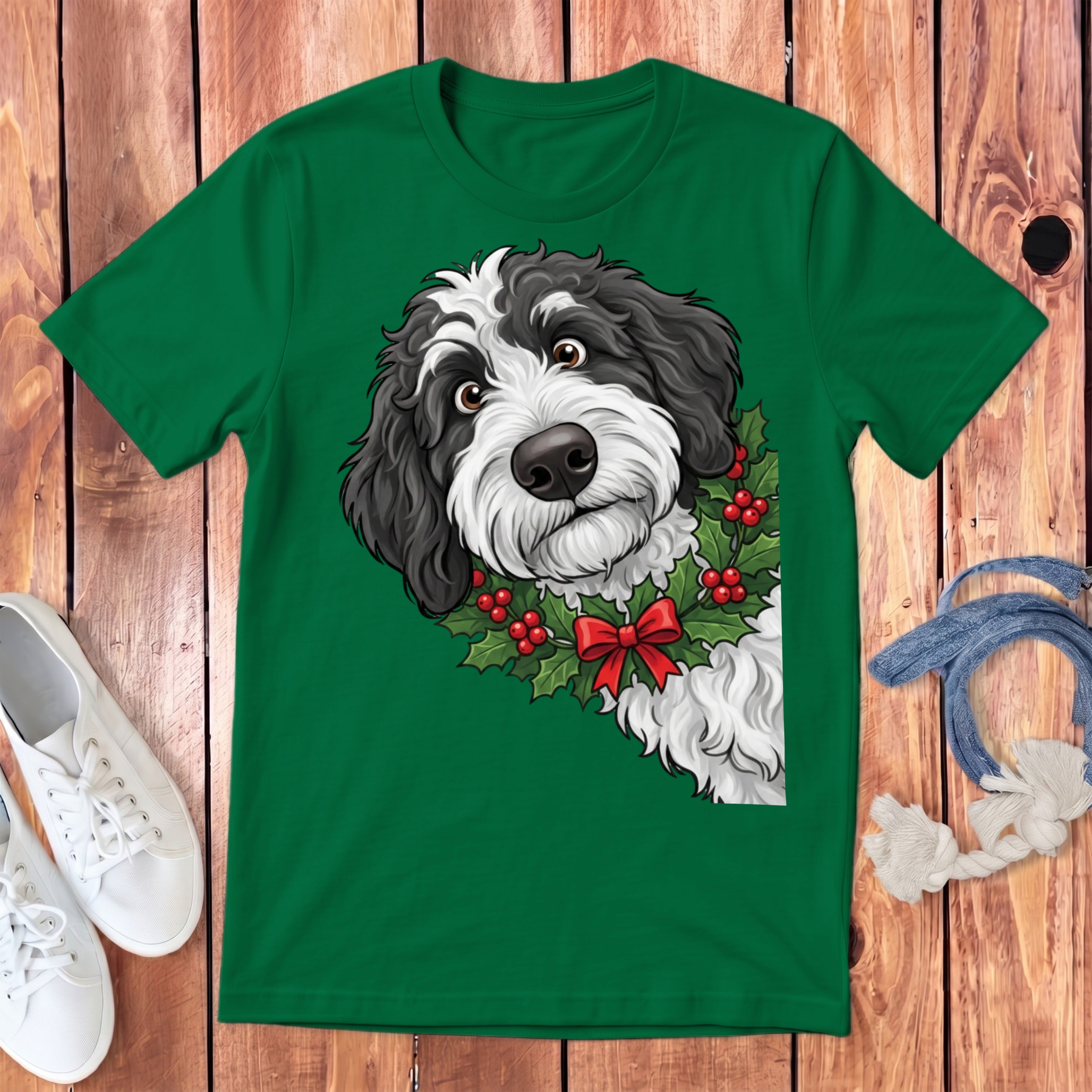 Green t-shirt with a cartoon dog wearing a holly wreath and red bow.