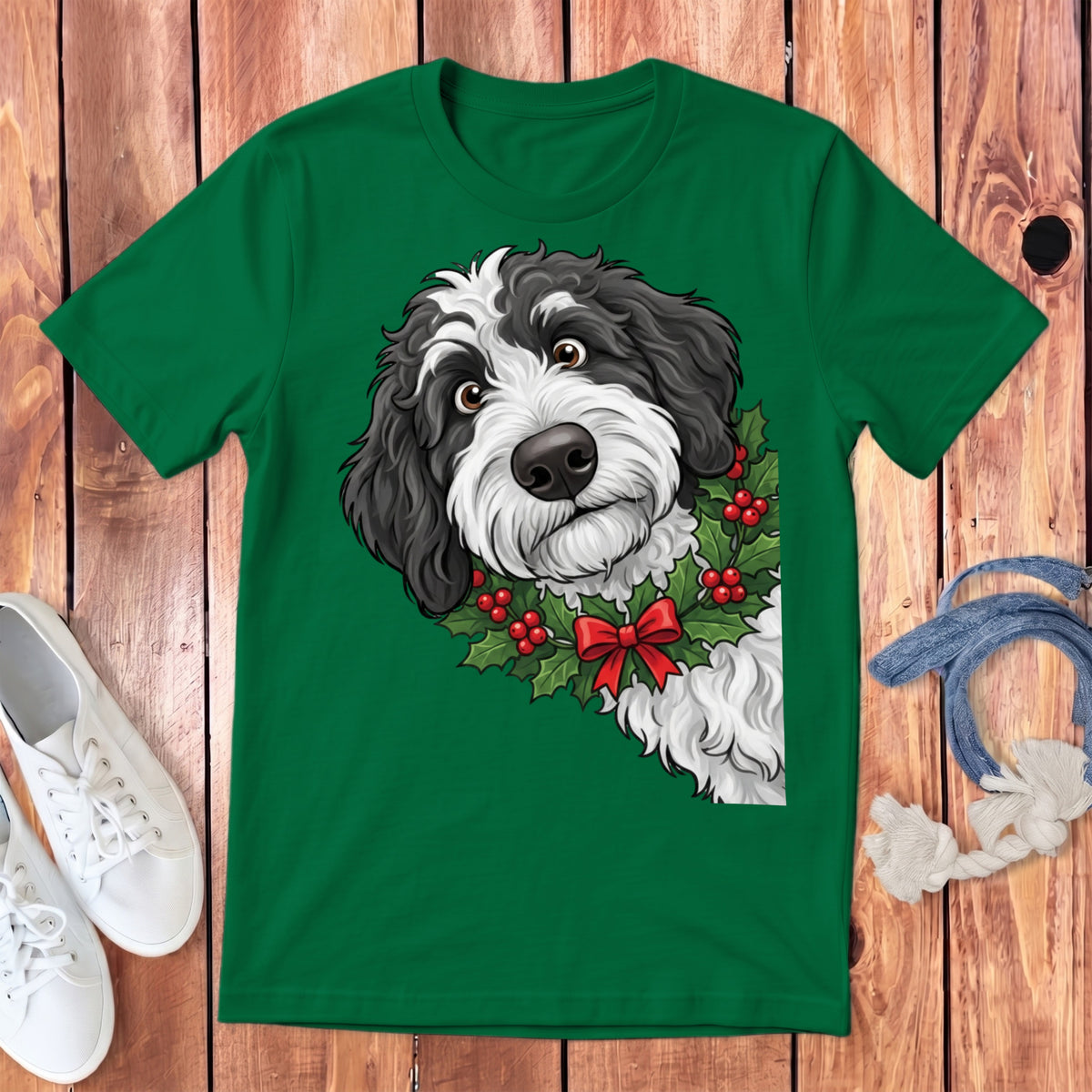 Green t-shirt with a cartoon dog wearing a holly wreath and red bow.