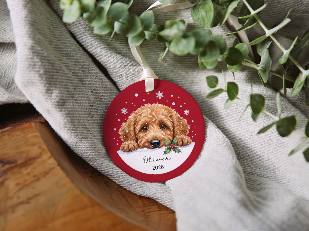 Peeking Snow Apricot Goldendoodle Ornament