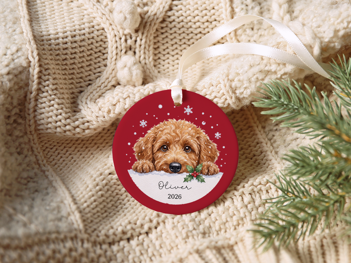 Peeking Snow Apricot Goldendoodle Ornament
