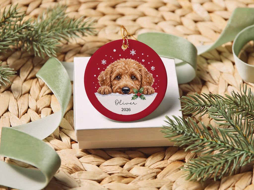 Peeking Snow Apricot Goldendoodle Ornament