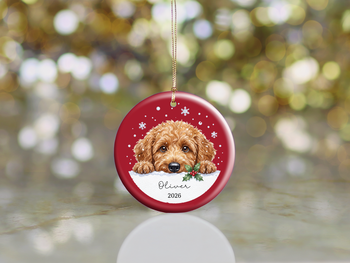 Peeking Snow Apricot Goldendoodle Ornament