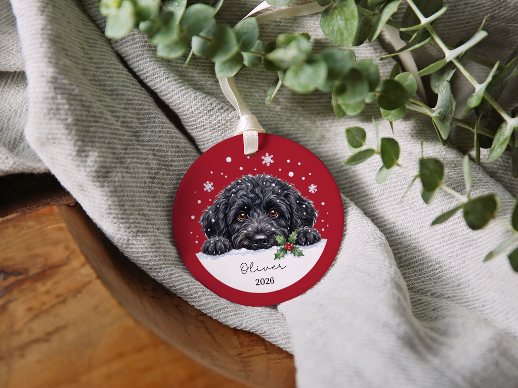 Peeking Snow Black Goldendoodle Ornament
