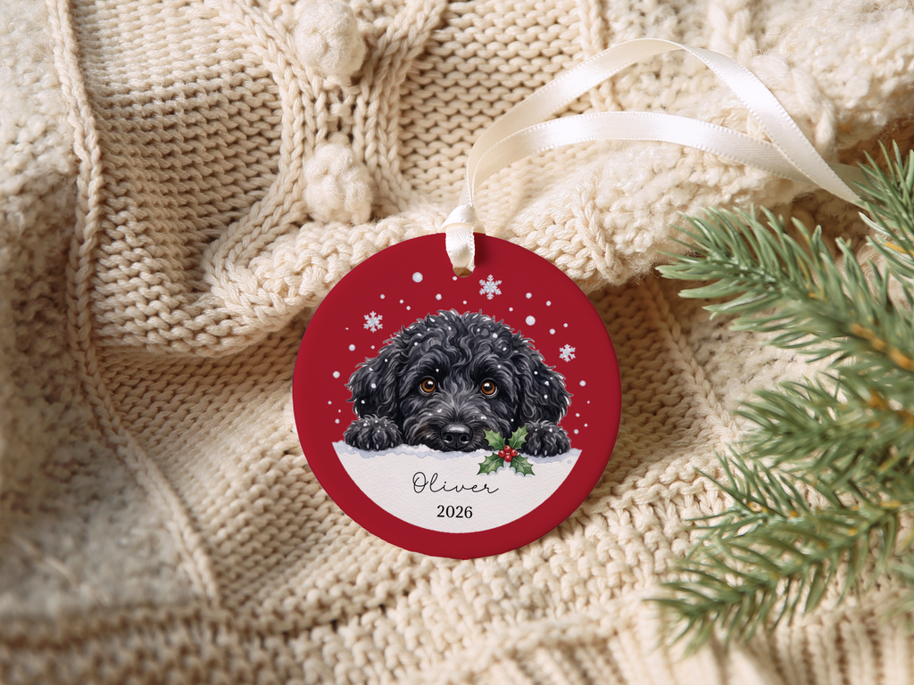 Peeking Snow Black Goldendoodle Ornament