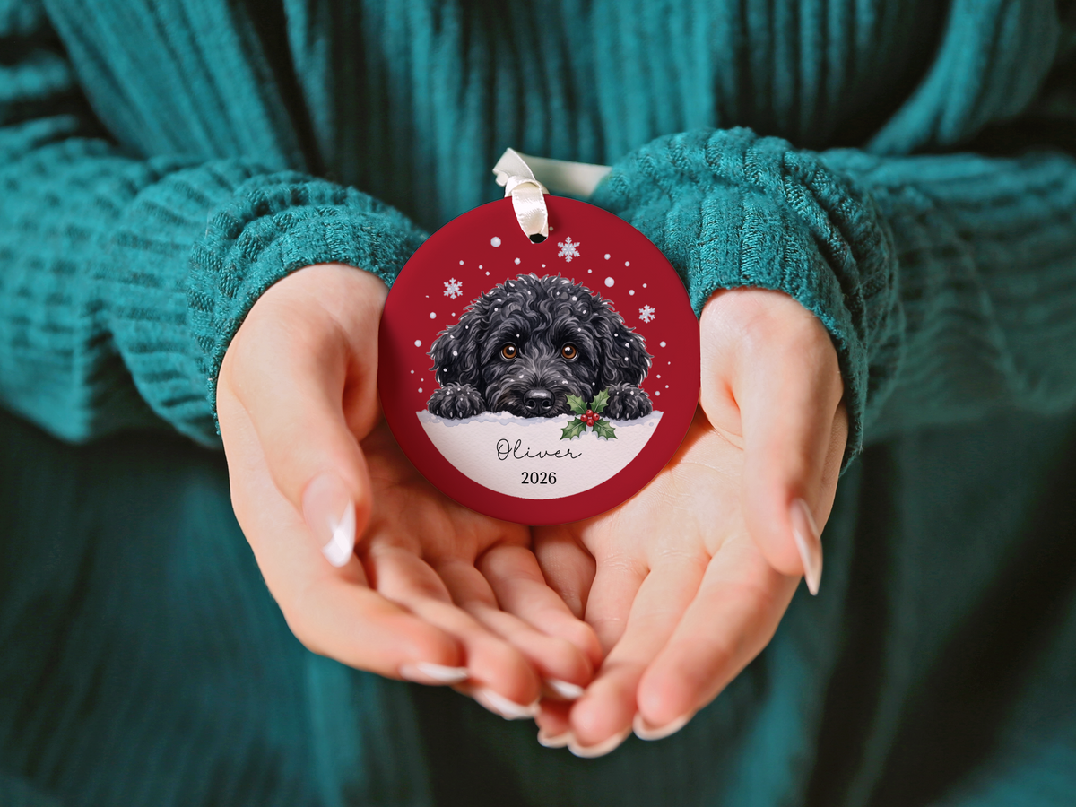Peeking Snow Black Goldendoodle Ornament