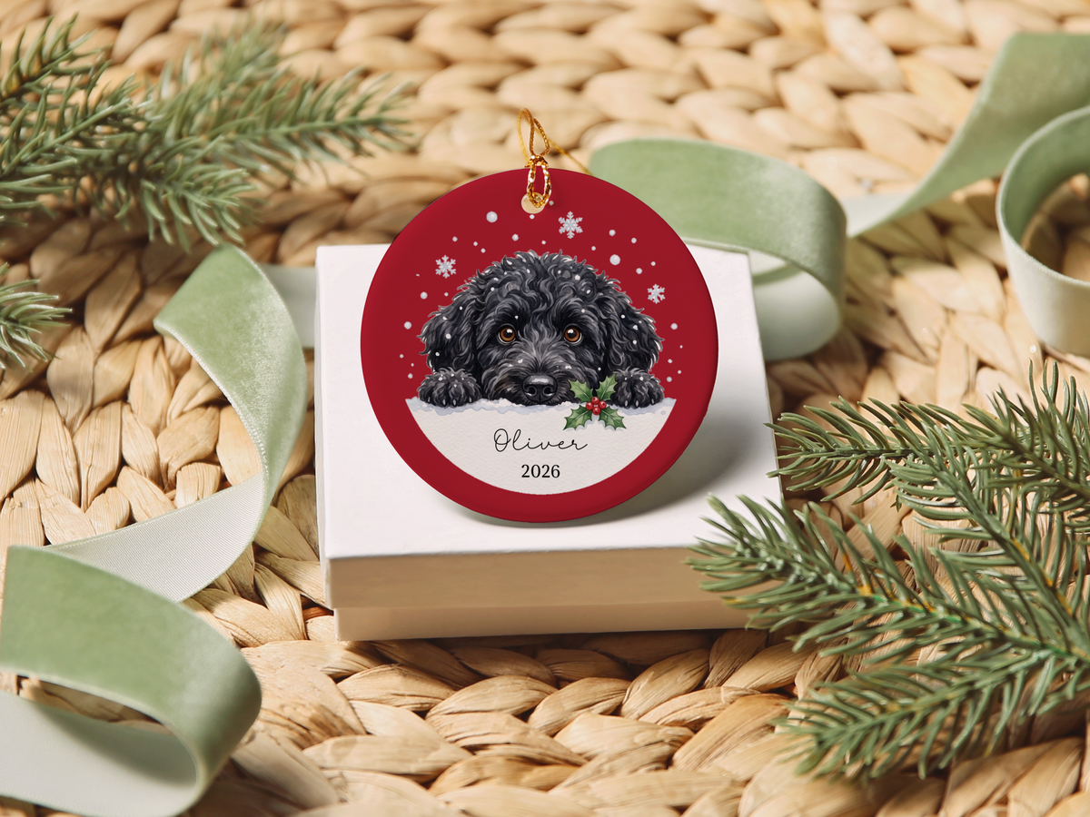 Peeking Snow Black Goldendoodle Ornament