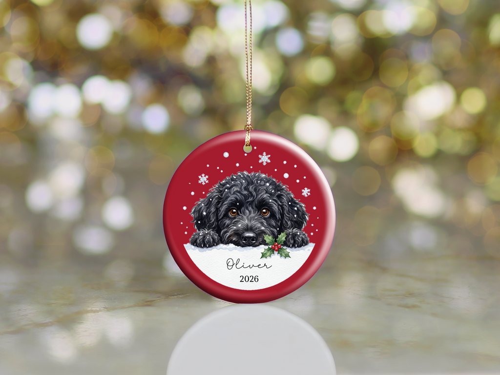 Peeking Snow Black Goldendoodle Ornament