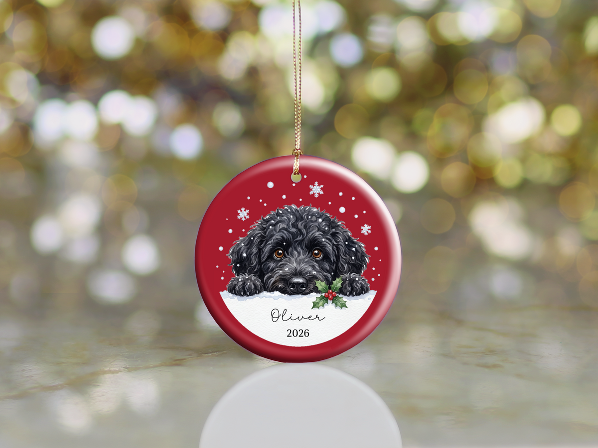 Peeking Snow Black Goldendoodle Ornament