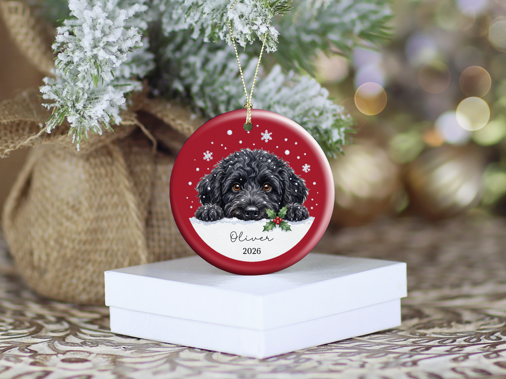 Peeking Snow Black Goldendoodle Ornament