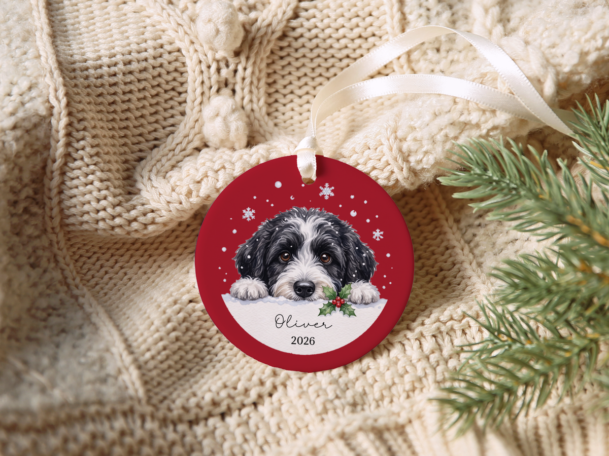 Peeking Snow Sheepadoodle Ornament