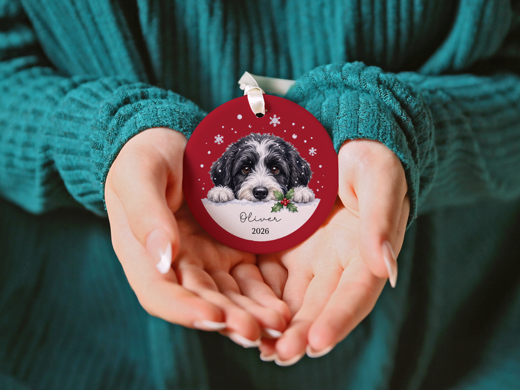 Peeking Snow Sheepadoodle Ornament