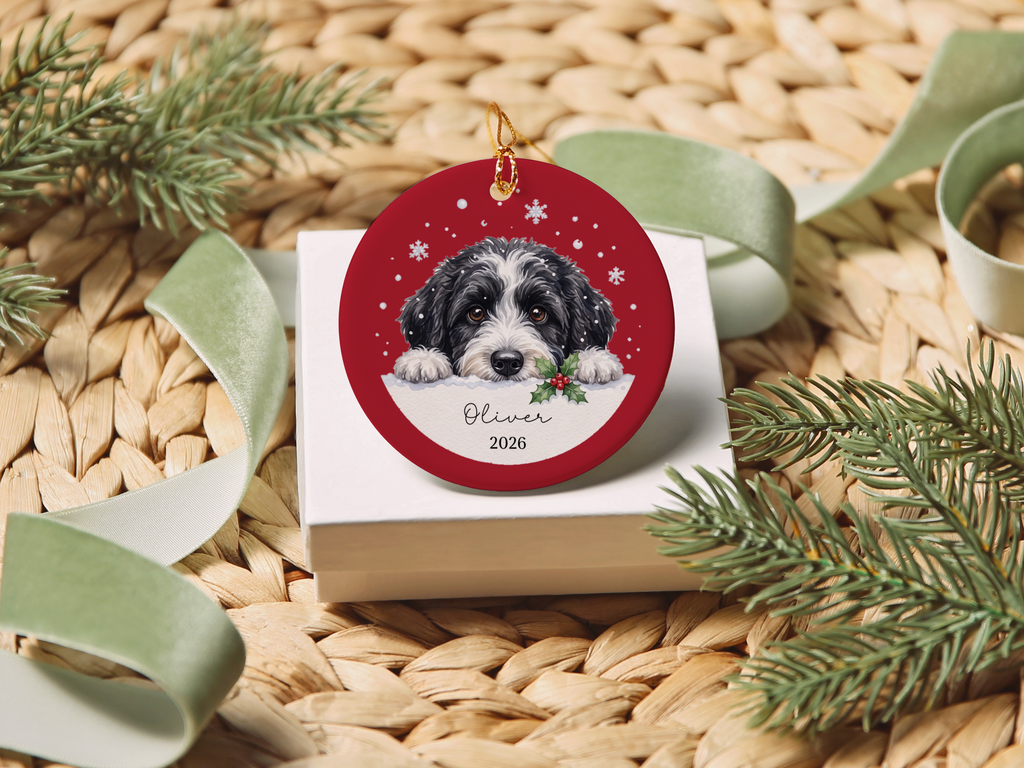 Peeking Snow Sheepadoodle Ornament