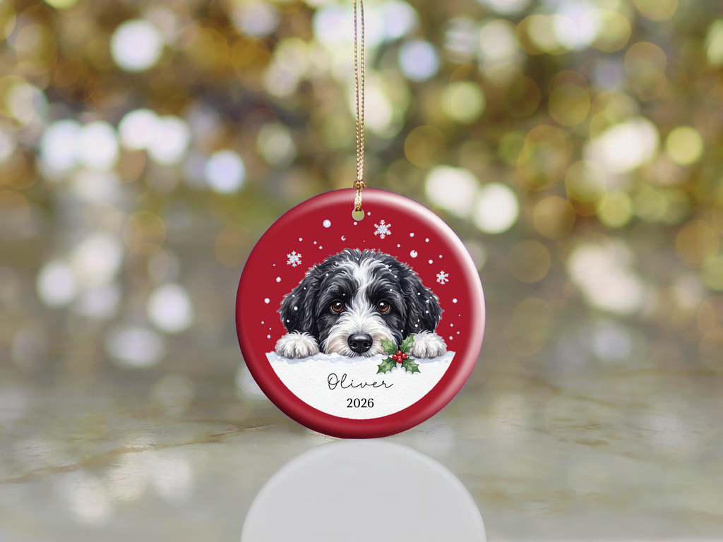 Peeking Snow Sheepadoodle Ornament