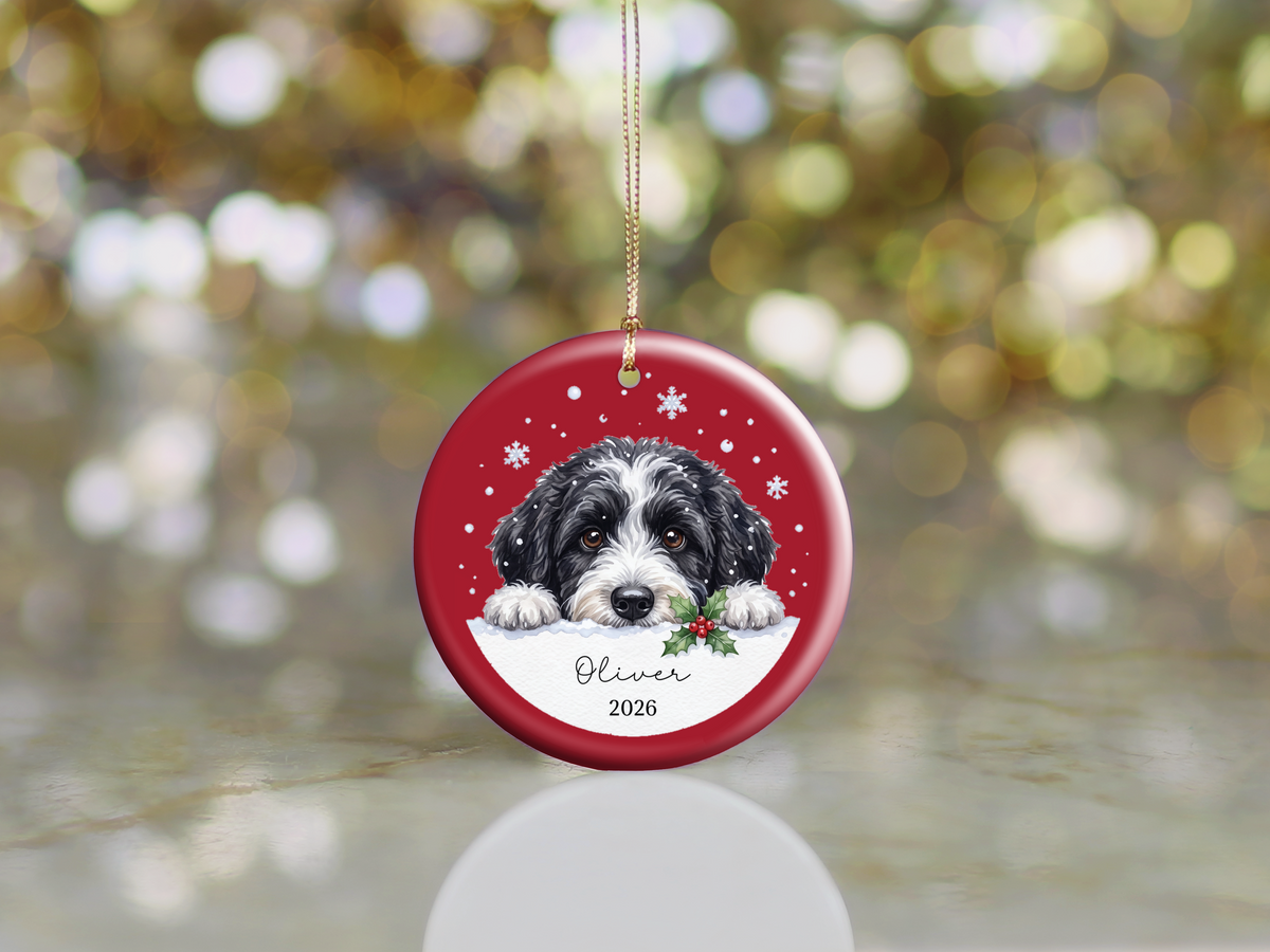 Peeking Snow Sheepadoodle Ornament