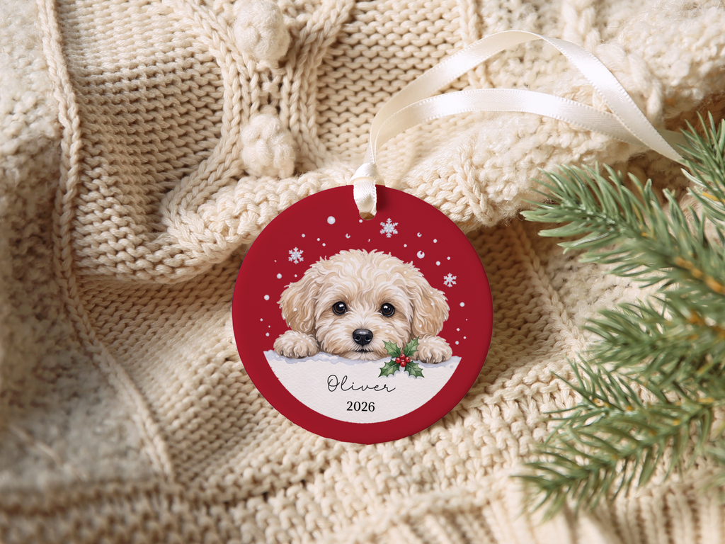 Peeking Snow Maltipoo Ornament