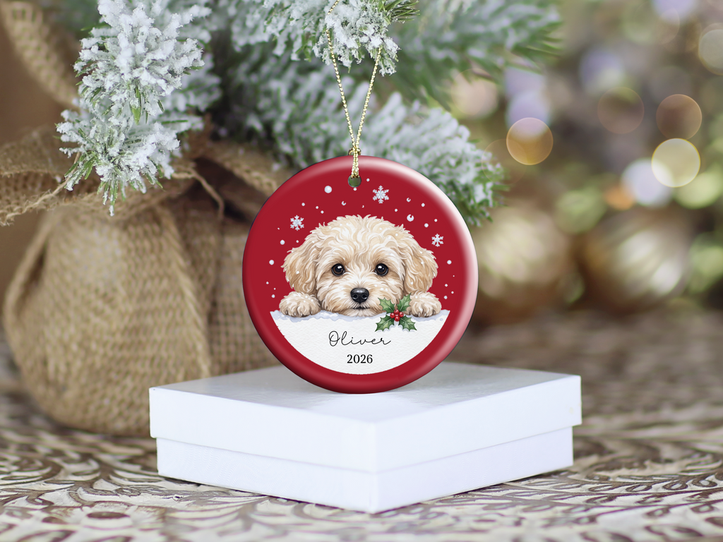 Peeking Snow Maltipoo Ornament