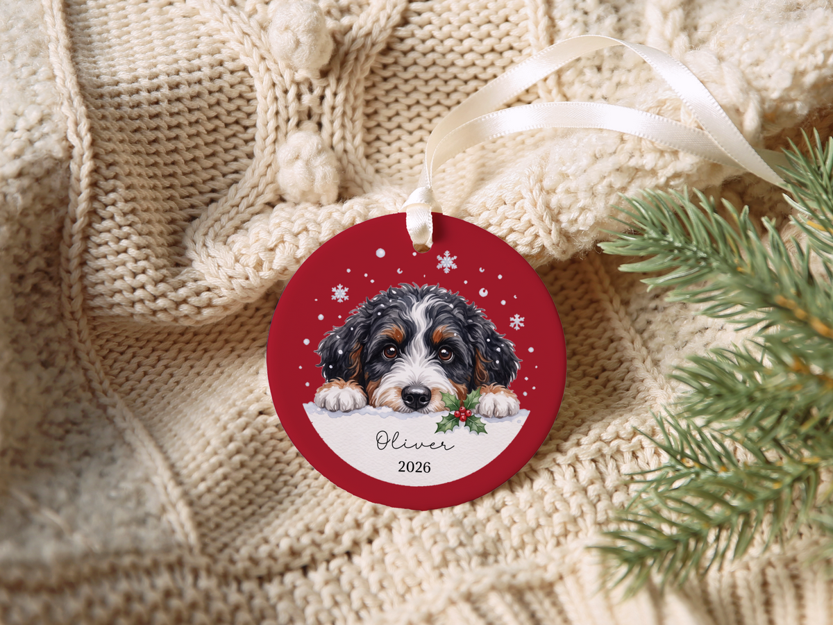Peeking Snow Bernedoodle Ornament