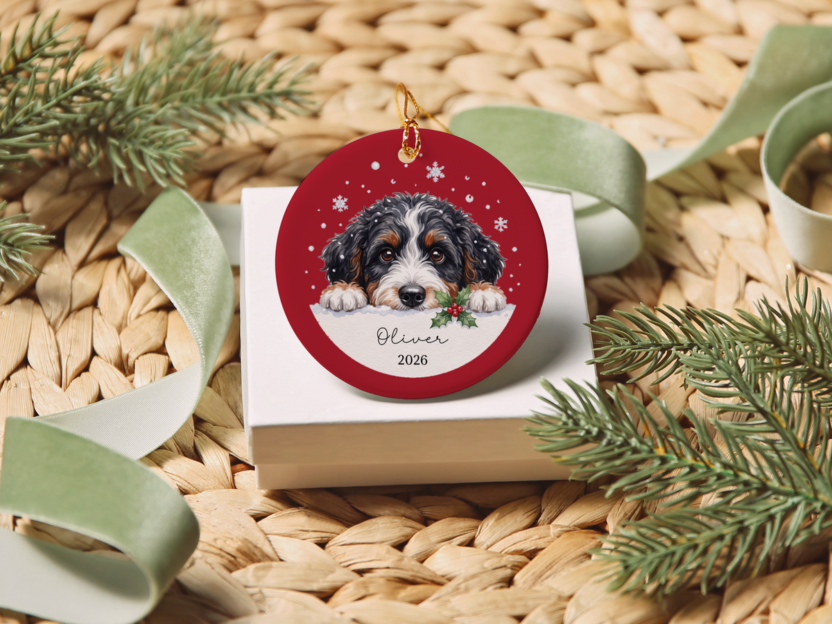 Peeking Snow Bernedoodle Ornament