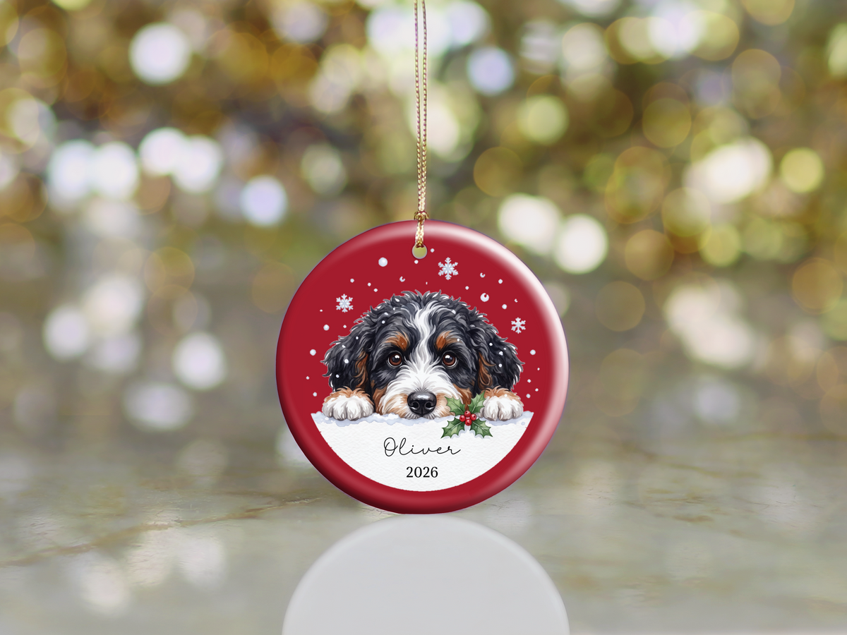 Peeking Snow Bernedoodle Ornament