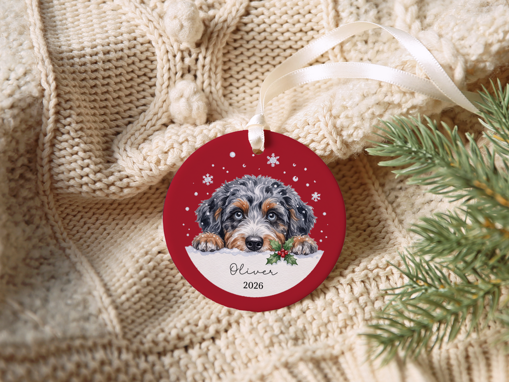 Peeking Snow Aussiedoodle Ornament
