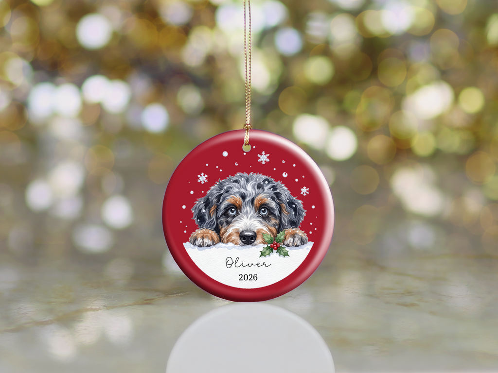 Peeking Snow Aussiedoodle Ornament