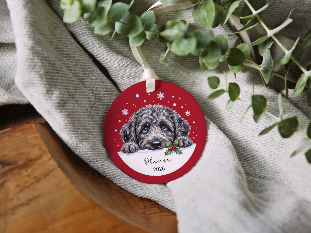 Peeking Snow Merle Goldendoodle Ornament