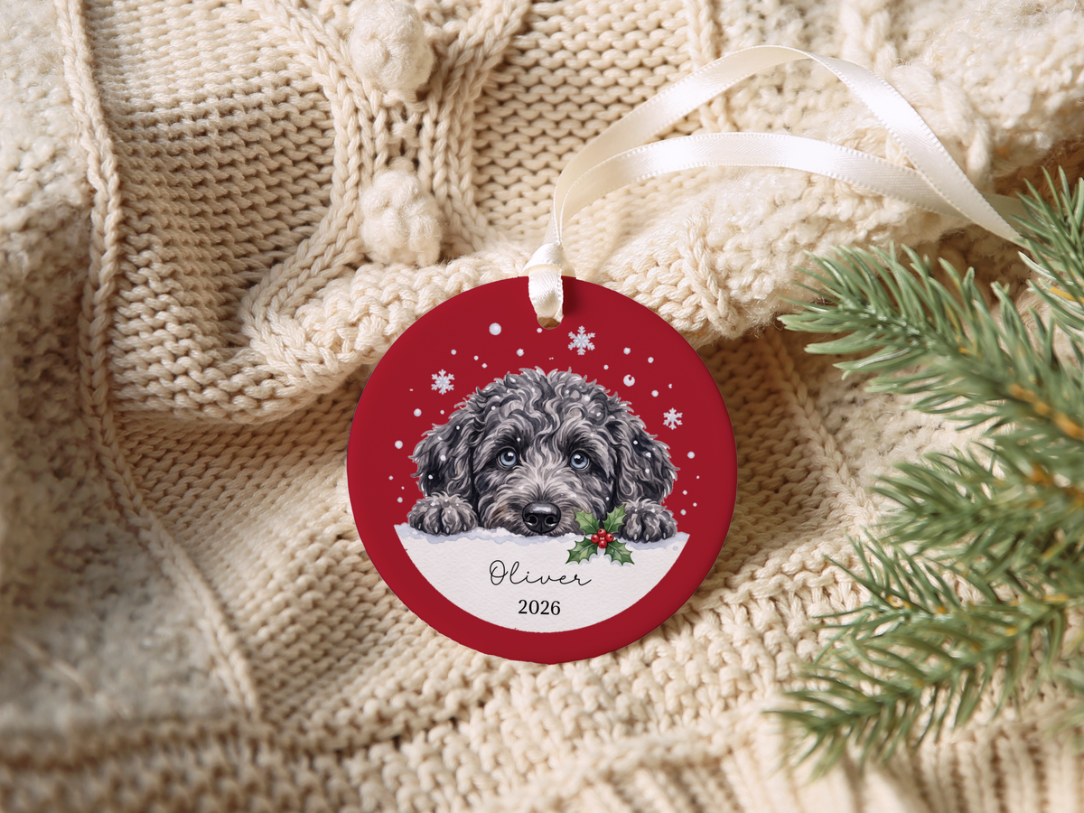 Peeking Snow Merle Goldendoodle Ornament