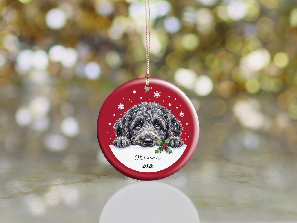 Peeking Snow Merle Goldendoodle Ornament