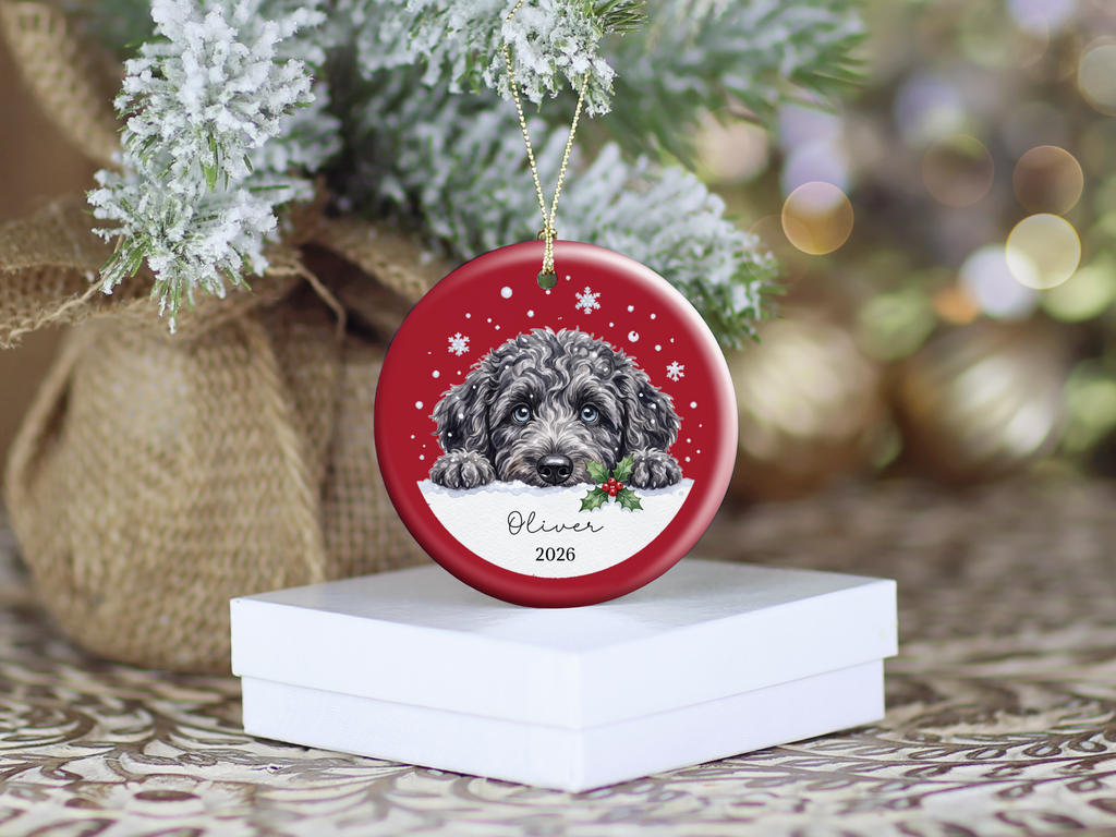 Peeking Snow Merle Goldendoodle Ornament