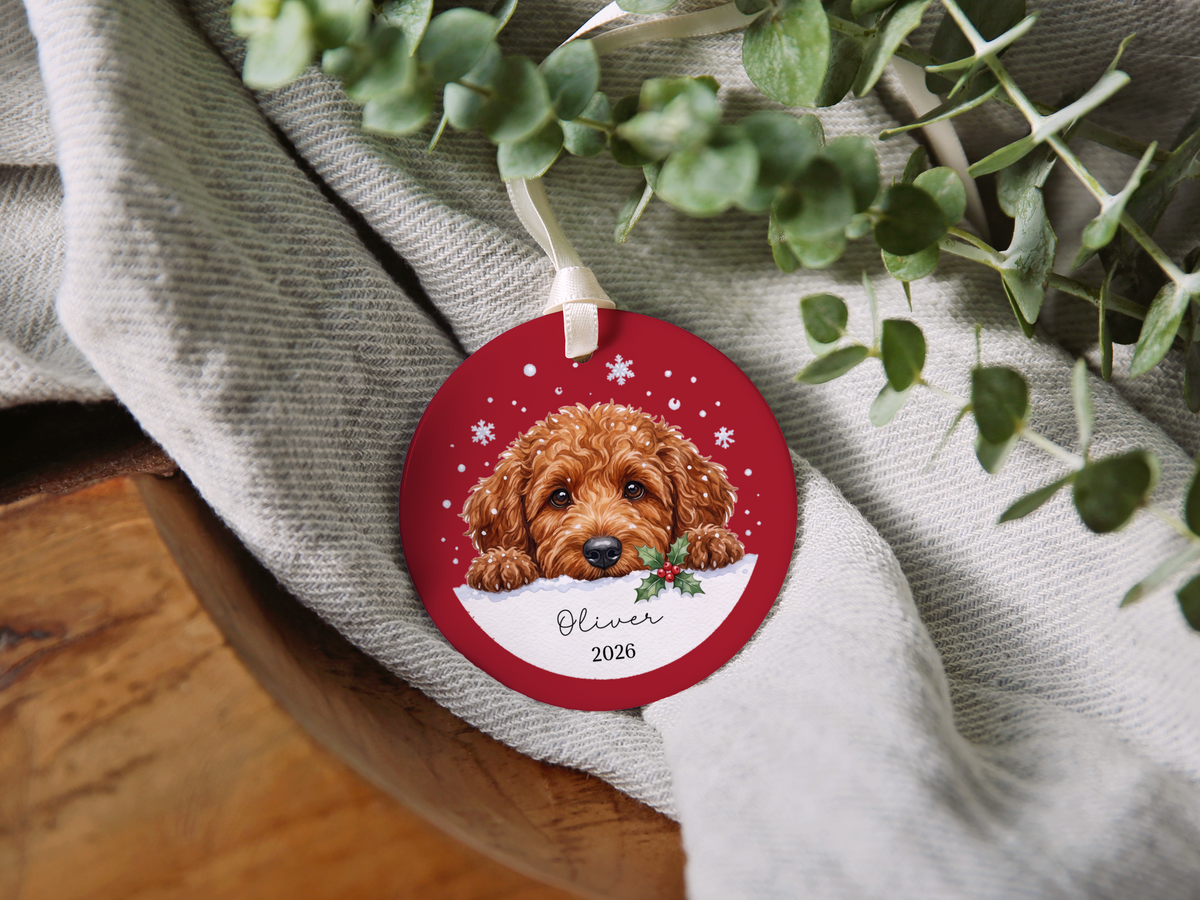 Peeking Snow Golden Goldendoodle Ornament
