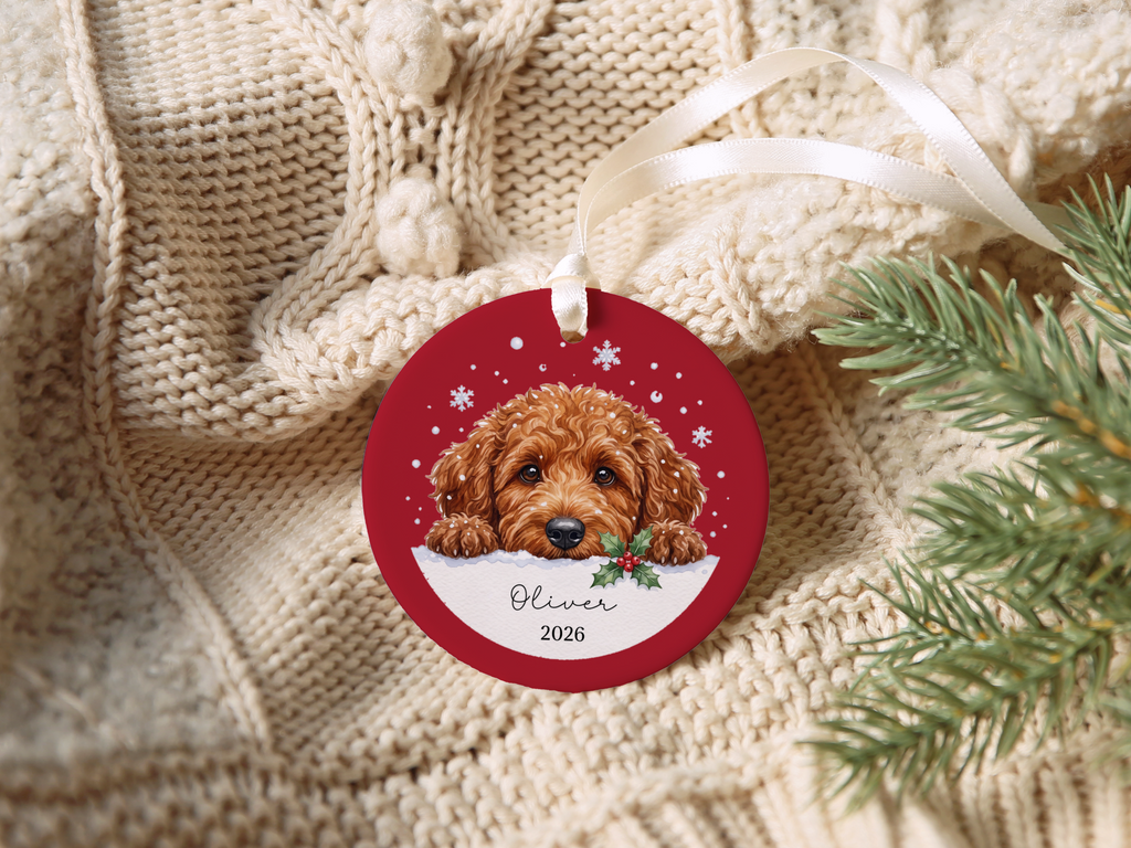 Peeking Snow Golden Goldendoodle Ornament