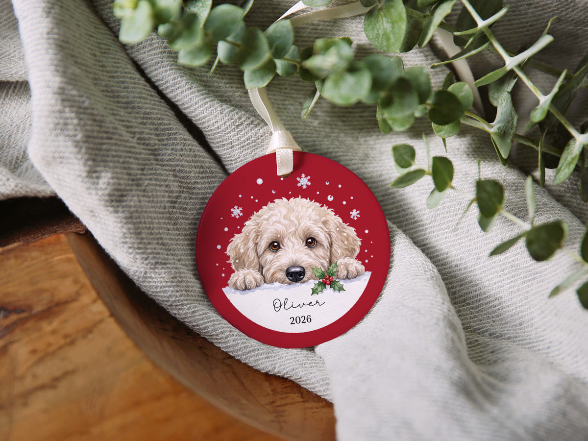 Peeking Snow Cream Goldendoodle Ornament