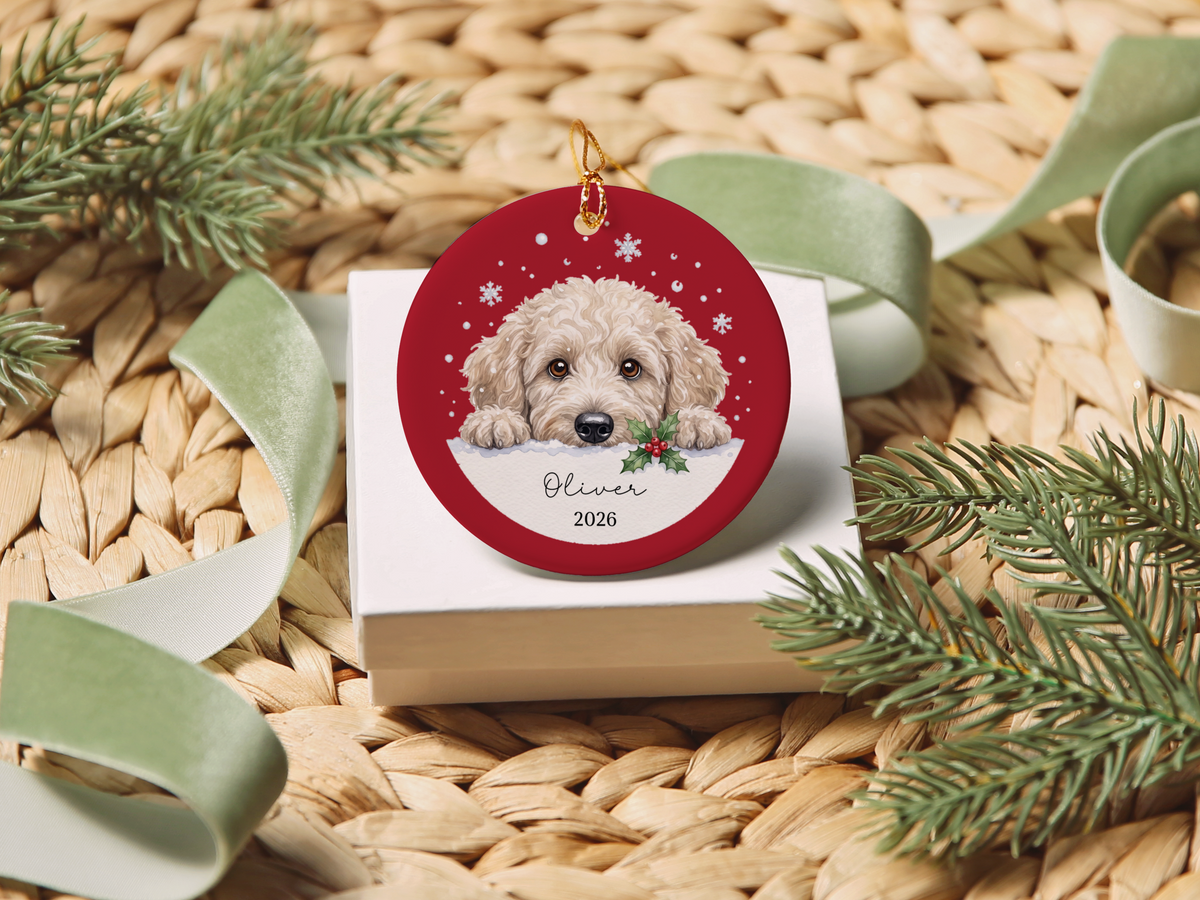 Peeking Snow Cream Goldendoodle Ornament