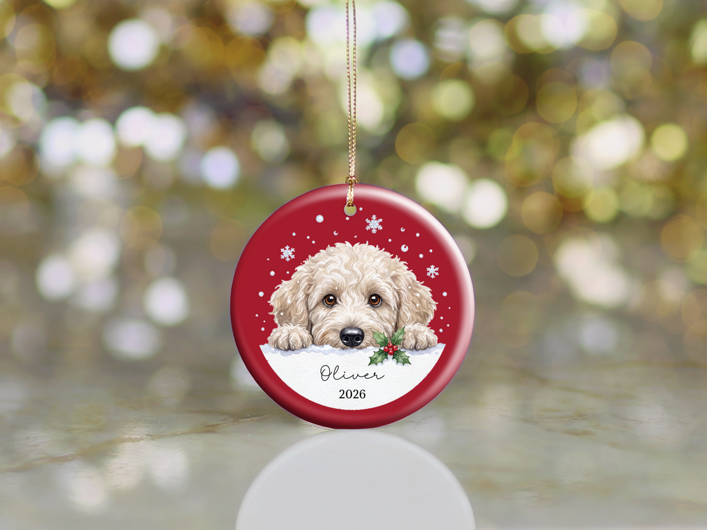Peeking Snow Cream Goldendoodle Ornament