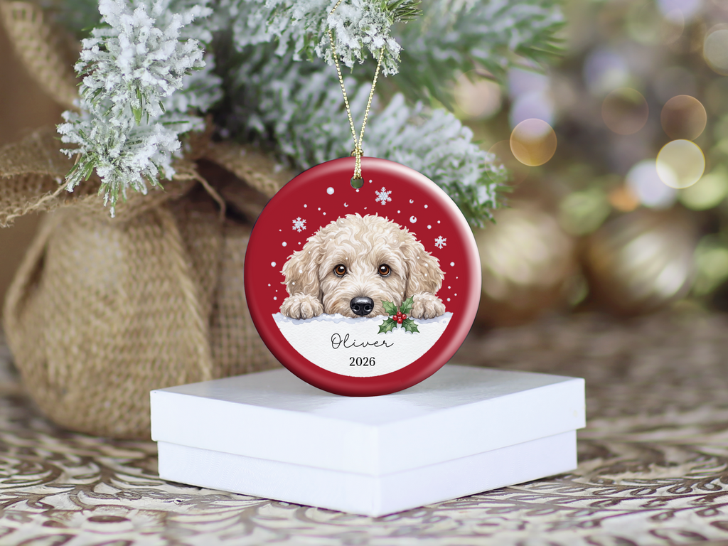 Peeking Snow Cream Goldendoodle Ornament