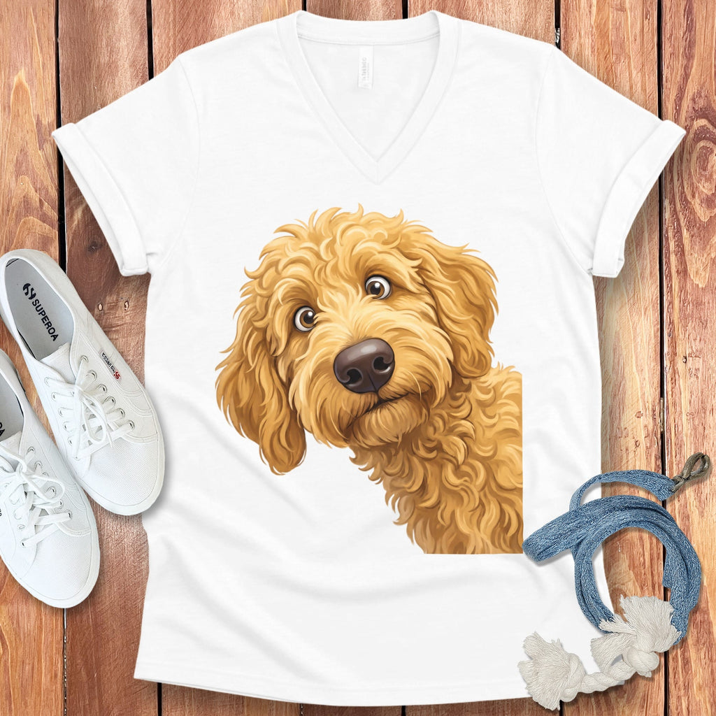 Funny Peeking Golden Goldendoodle V-Neck T-Shirt in White / S by Puppy Jo