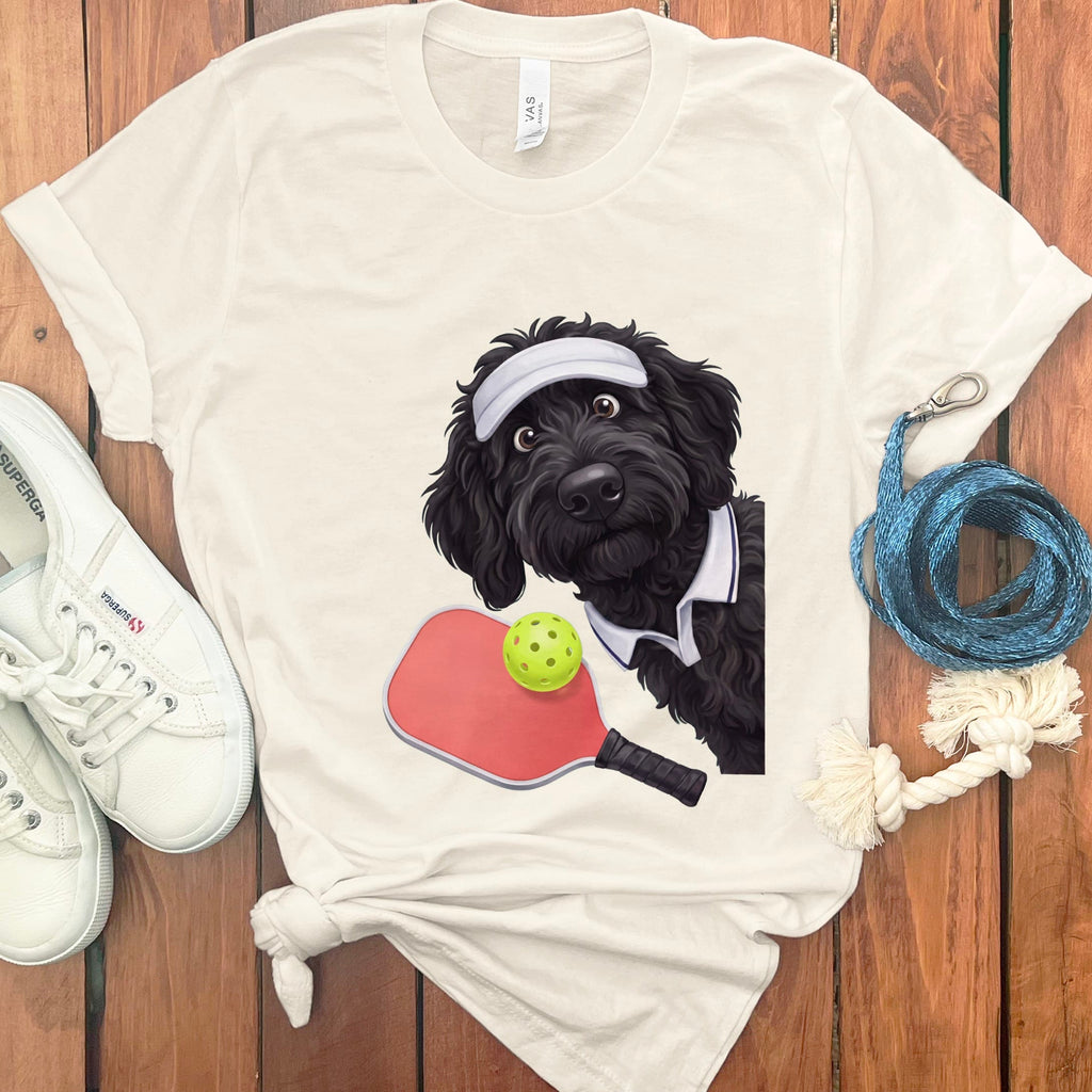 Black Goldendoodle Pickleball Player T-Shirt in Natural / S by Puppy Jo