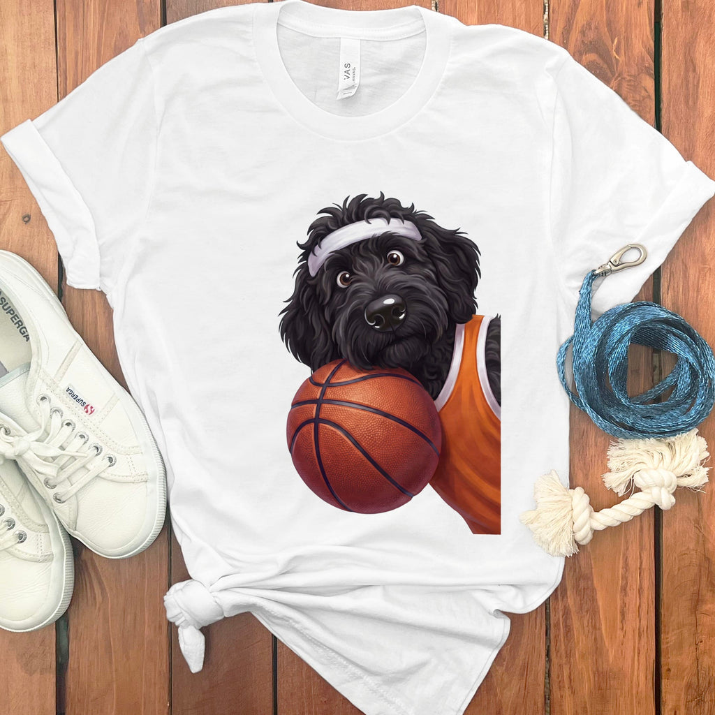 Black Goldendoodle Basketball Player T-Shirt in White / S by Puppy Jo