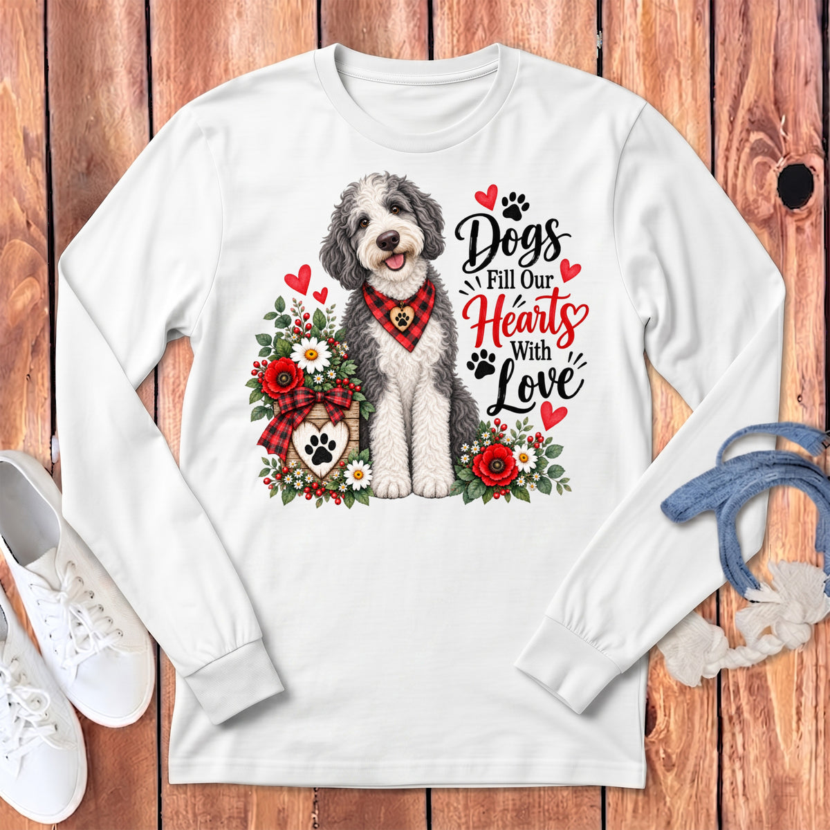 Sheepadoodle Hearts Love Long Sleeve T-Shirt