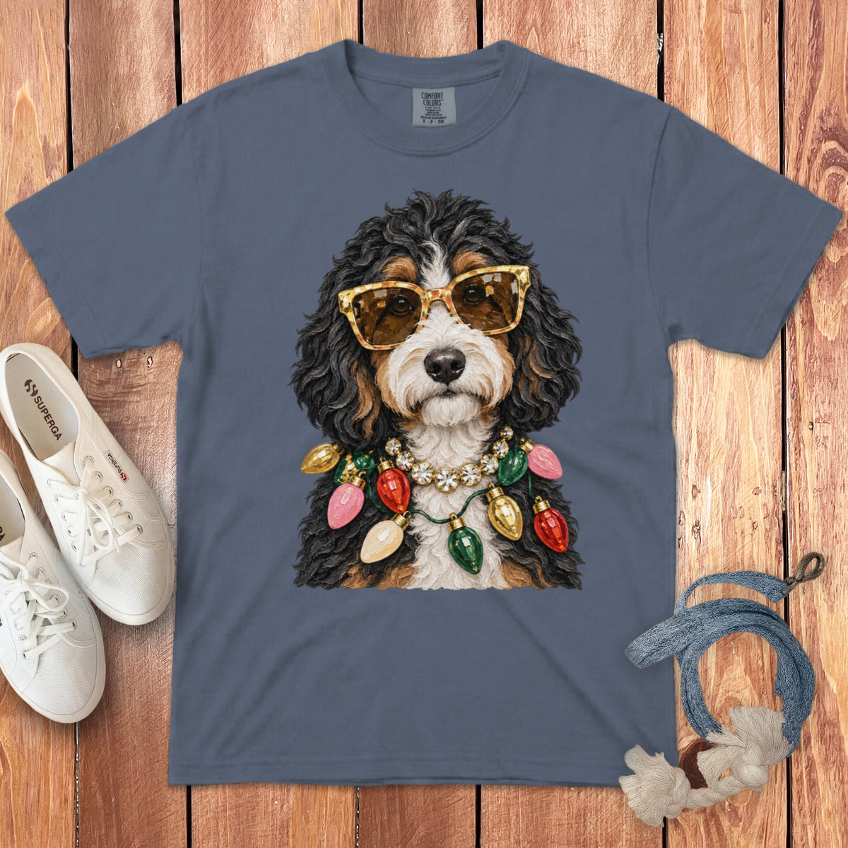 Bernese Mountain Dog wearing sunglasses and a Christmas light necklace.