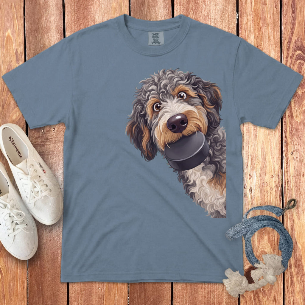 Aussiedoodle Hockey Puck Signature T-Shirt in Blue Jean / S by Puppy Jo