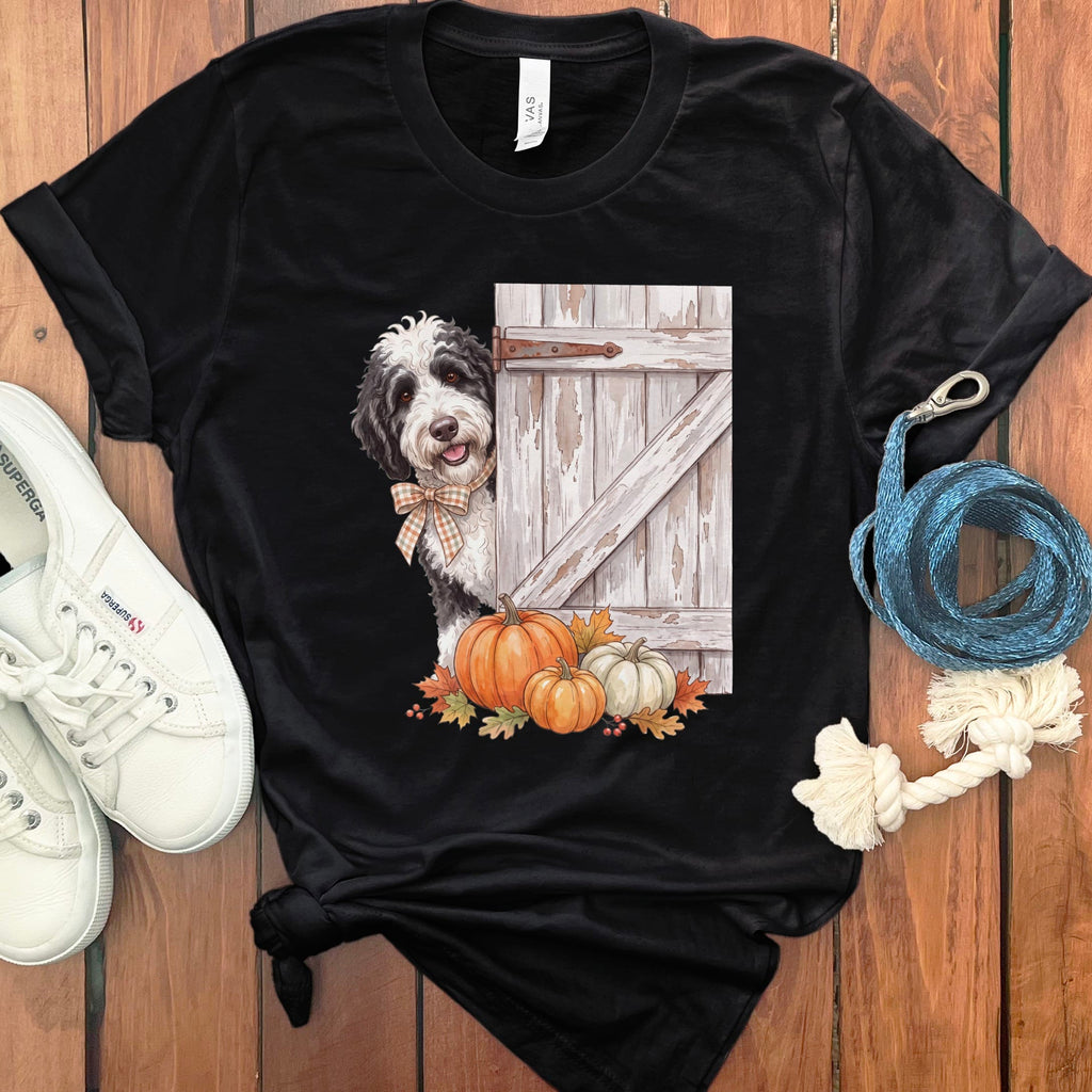 Sheepadoodle Barn Peeking T-Shirt in Black / S by Puppy Jo
