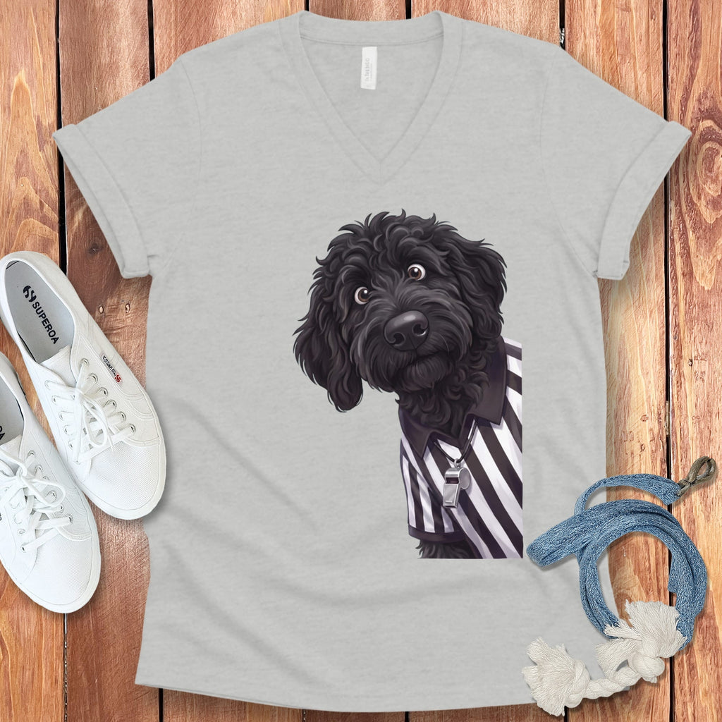 Black Goldendoodle Football Referee V-Neck T-Shirt in Athletic Heather / S by Puppy Jo