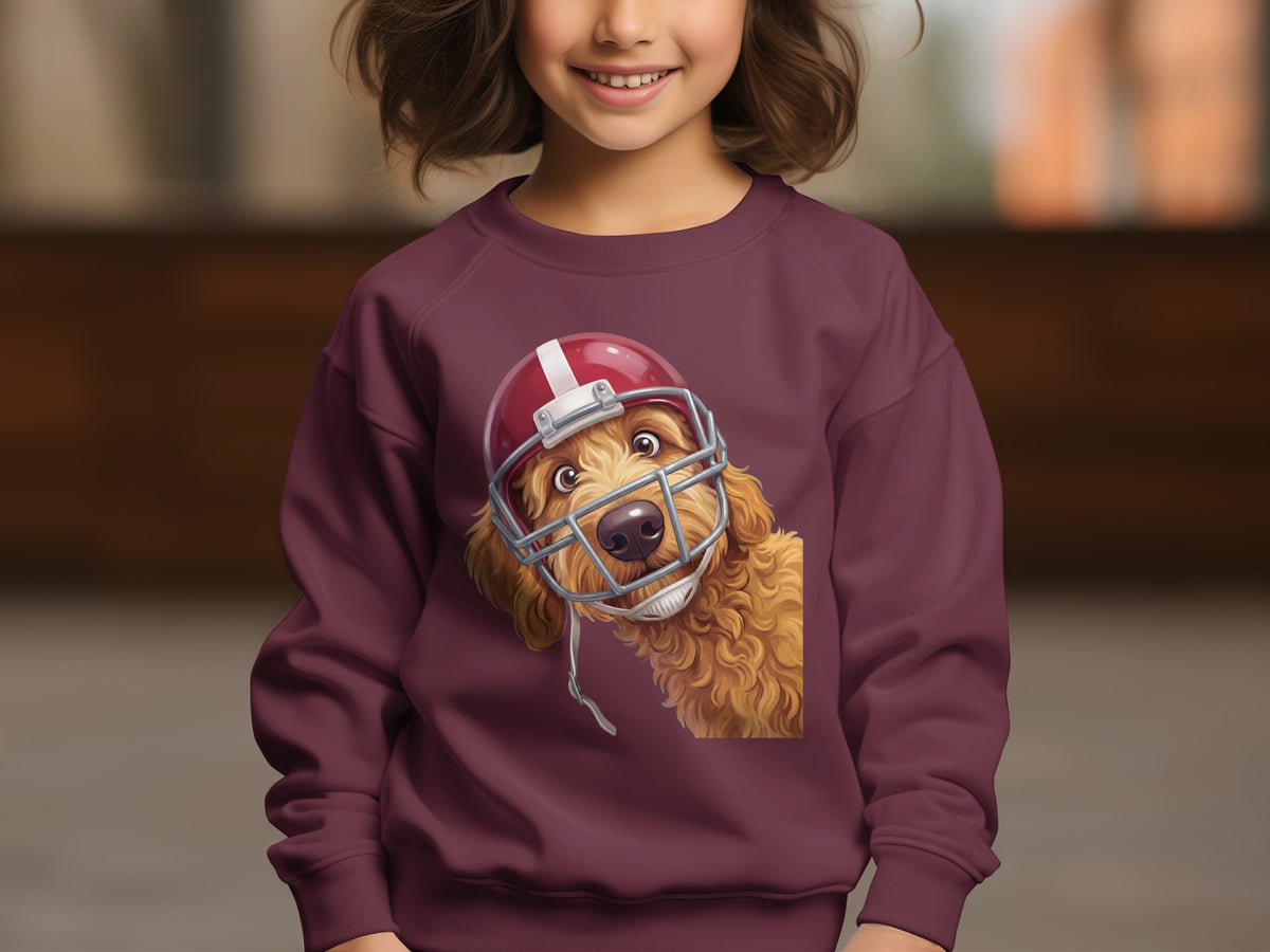 Maroon sweatshirt with a golden doodle wearing a football helmet graphic.