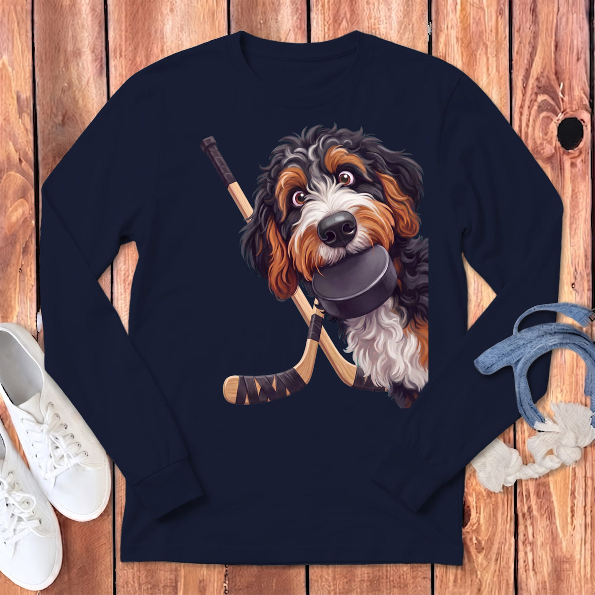 Bernedoodle Hockey Long Sleeve T-Shirt in Navy / S by Puppy Jo