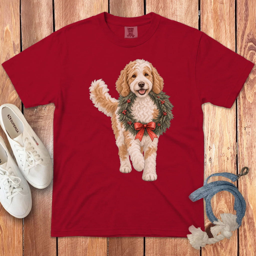 Parti Goldendoodle Wreath Signature T-Shirt in Red / S by Puppy Jo