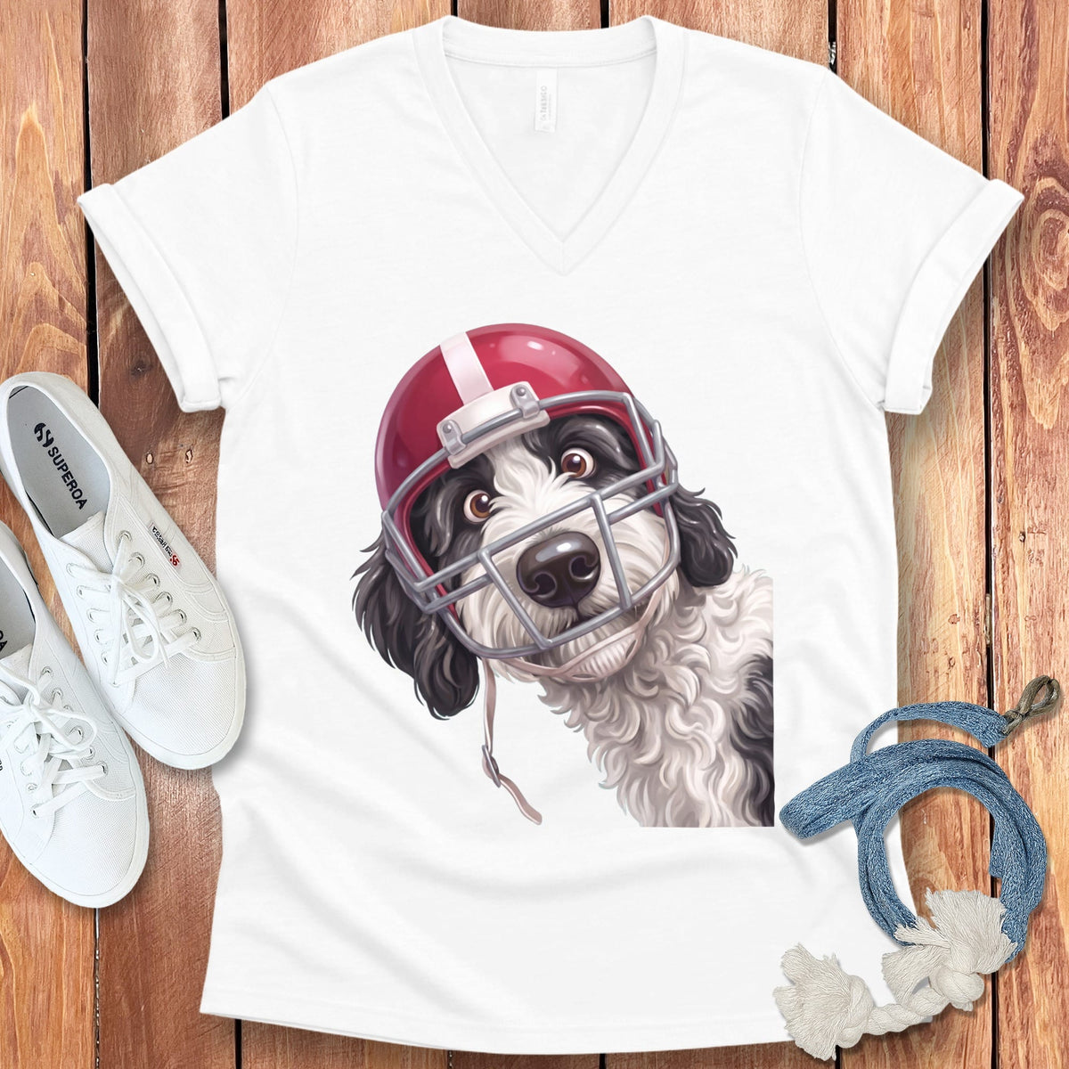 Sheepadoodle Football Helmet V-Neck T-Shirt in White / S by Puppy Jo