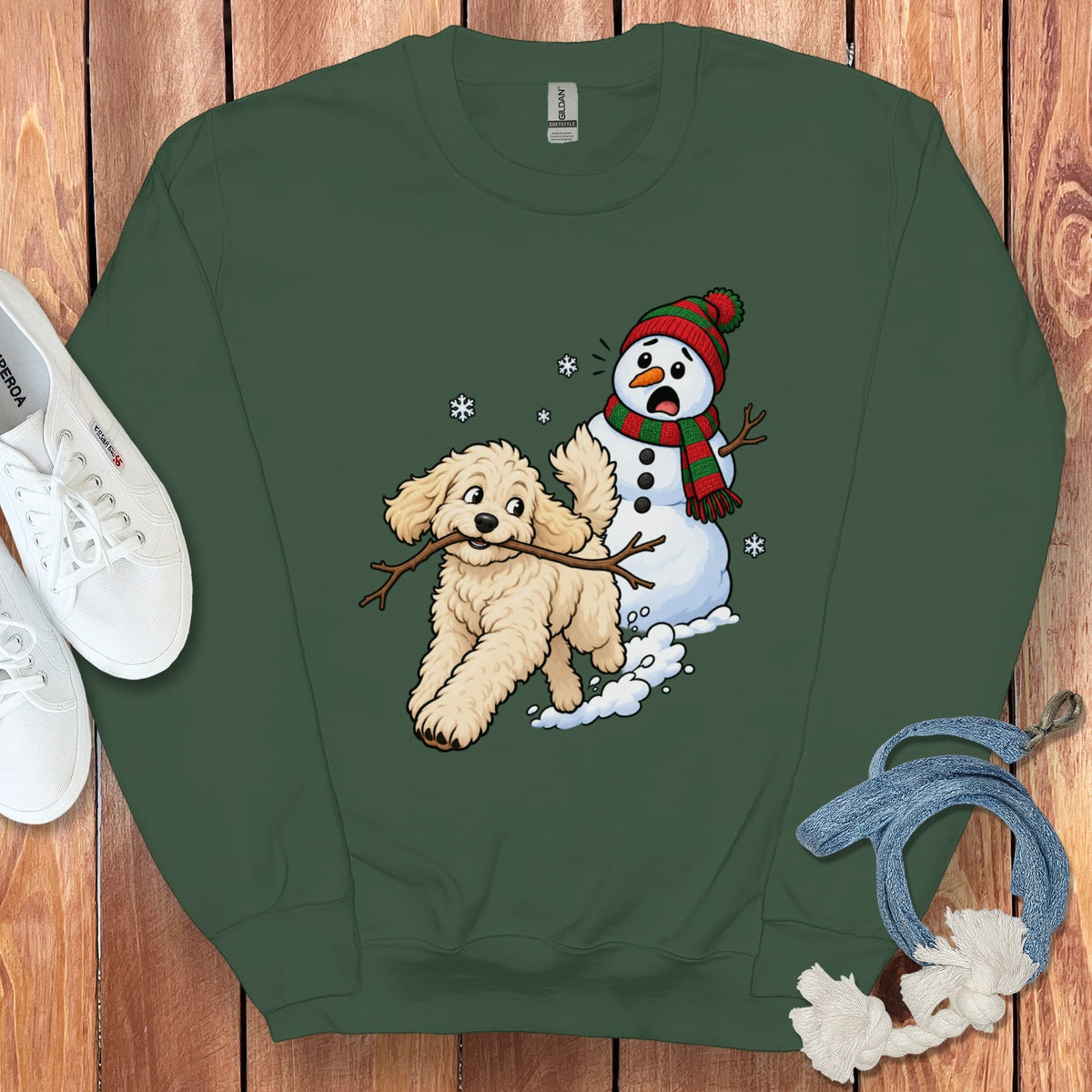 Cream Goldendoodle Snowman Sweatshirt in Forest Green / S by Puppy Jo