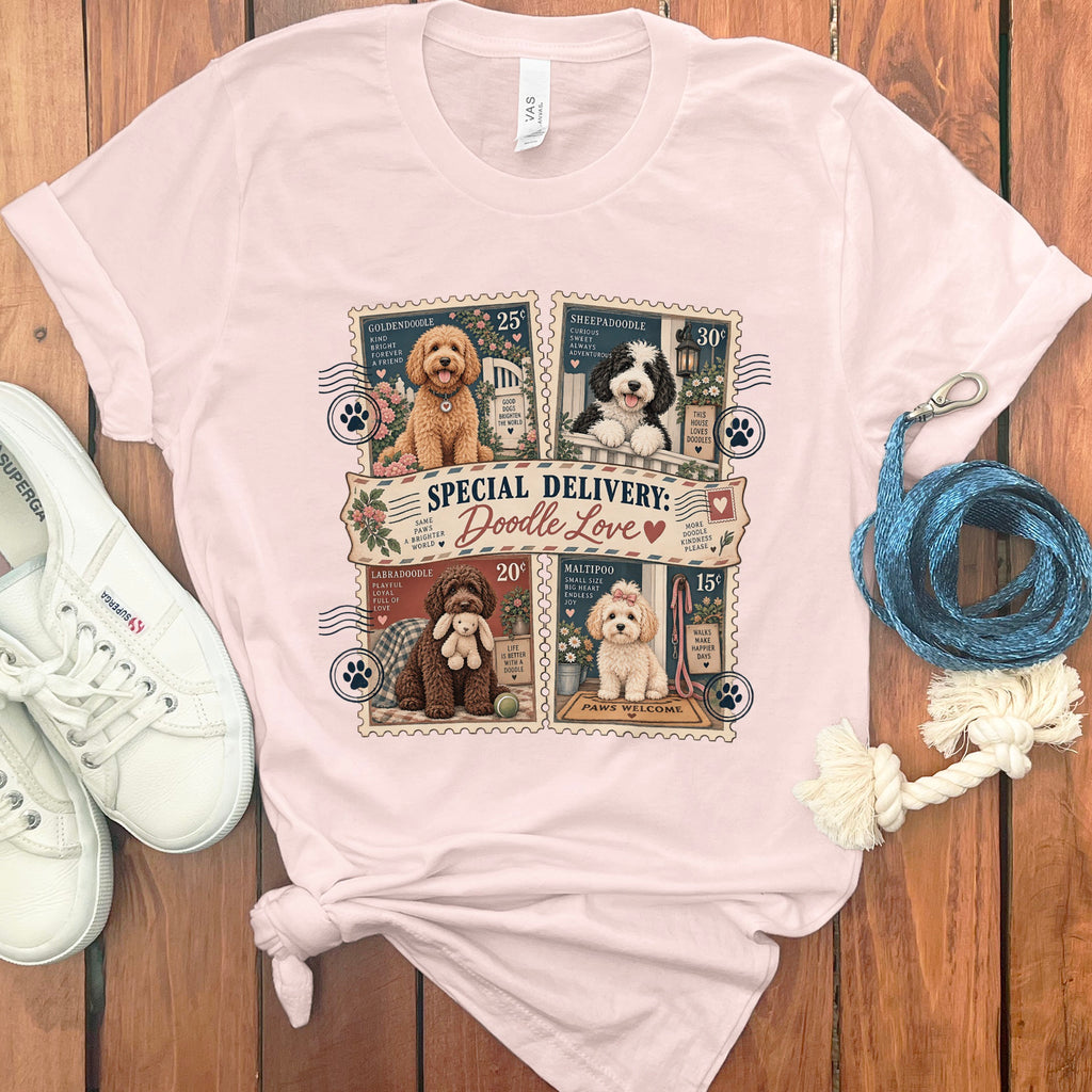 Light pink t-shirt with "Special Delivery: Doodle Love" and four stamp-like images of different doodle dog breeds.