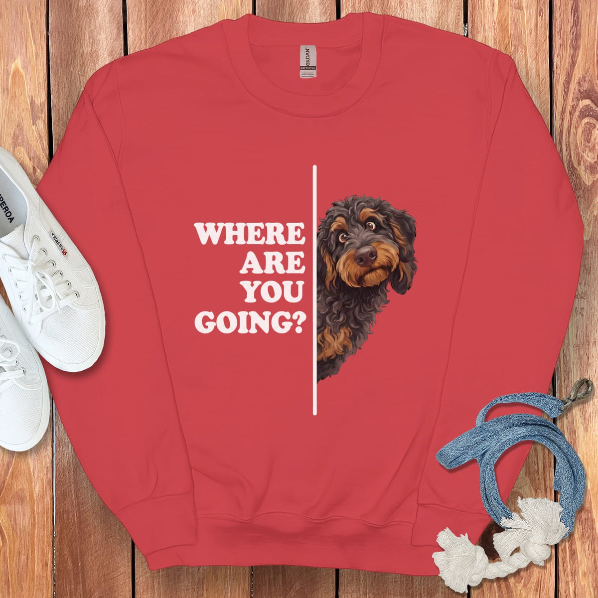 Where Going Phantom Goldendoodle Sweatshirt in Red / S by Puppy Jo